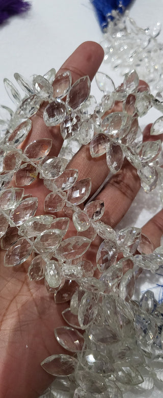 Quartz Crystal Faceted Marquise Briolette Beads, 14mm to 16mm Natural Clear Quartz Crystal Beads, Sold As 7.5 Inch Strand, GDS1909