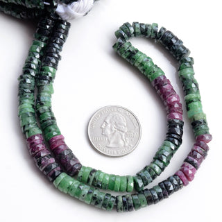 Ruby Zoisite Faceted Tyre Rondelle Beads, 6.5-7mm Natural Ruby Zoisite Round Heishi Gemstone Beads, 16 Inch Strand, GDS2108