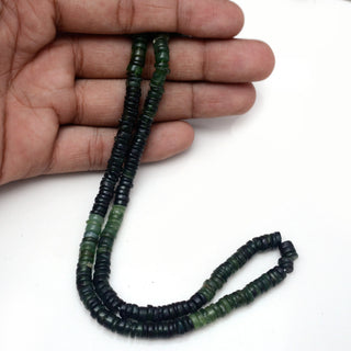 Natural Serpentine Smooth Tyre Rondelle Beads, 6.5mm to 7mm Serpentine Shaded Green Round Heishi Gemstone Beads, 16 Inch Strand, GDS2126