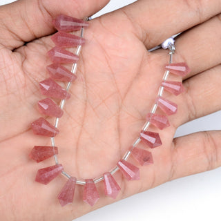 Natural Pink Strawberry Quartz Fancy Cone Shaped Hand Carved Faceted Gemstone Briolette Beads, 11mm To 15mm Beads, 5.5 Inch Strand, GDS2012