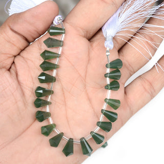 Natural Green Serpentine Fancy Cone Shaped Hand Carved Faceted Gemstone Briolette Beads, 10mm To 14mm Beads, 5.5 Inch Strand, GDS2078