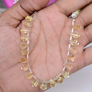 Natural Lemon Quartz Fancy Cone Shaped Hand Carved Faceted Gemstone Briolette Beads, 10mm To 12mm Beads, 5.5 Inch Strand, GDS2082