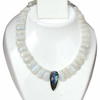 Natural Moonstone And Labradorite Layout Necklace, Cleopatra Necklace, Graduated Collar Necklace, 12mm to 31mm, 14 Inches, GDS2162