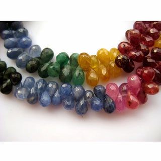 Multi Gemstone Emerald Beads Sapphire Beads Ruby Faceted Teardrop Briolette Beads, 6mm To 4mm, 7.5 Inch Half Strand