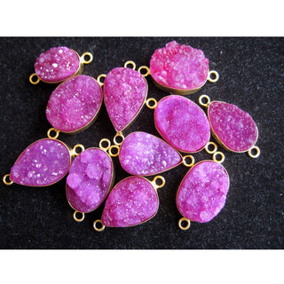 5pcs Pink Druzy Connectors, Natural Druzy, Gemstone Connectors, Bezel Connectors, Gold Vermeil Connectors, 15mm To 25mm Each Approx