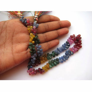 Multi Gemstone Emerald Beads Sapphire Beads Ruby Faceted Teardrop Briolette Beads, 6mm To 4mm, 7.5 Inch Half Strand