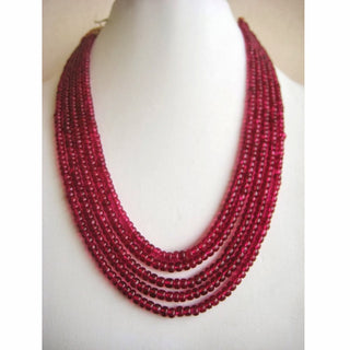 Ruby Multi Strand Necklace, Imitation Ruby, Rondelle Beads, Plain Rondelles, 5mm Each, 5 Strands, 13 Inch To 18 Inc