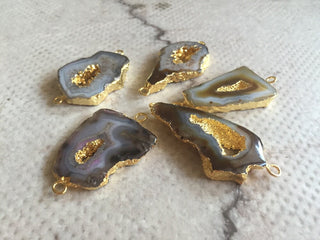 5pcs Brown/Grey Electroplated Druzy Connectors, Stalactite Slice Connector, Gold Connectors, 35mm To 25mm