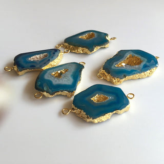 5pcs Blue Electroplated Druzy Connectors, Geode Stalactite Slice Connector, Gold Connectors, 35mm To 25mm