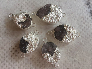 5pcs Silver Electroplated Druzy Connector, Grey Druzy Connector, Gemstone Connector, 25mm To 18mm