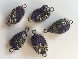 5 pcs Purple Druzy Connector, Grey Electroplated Druzy Connector, Gemstone Connector, 25mm To 18mm