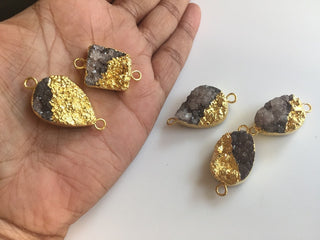 6pcs Gold Electroplated Grey Druzy Connector, Gemstone Connector, Jewelry Connector, 25mm To 18mm