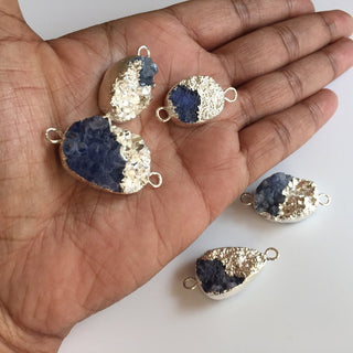 5pcs Silver Electroplated Blue Druzy Connector, Gemstone Connector, Jewelry Connectors, 25mm To 18mm