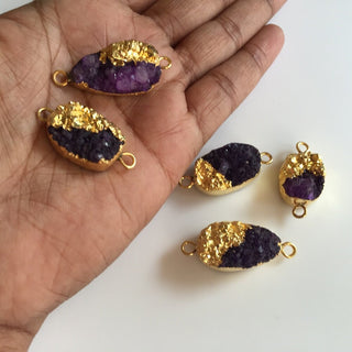 5pcs Gold Electroplated Purple Druzy Connector, Gemstone Connector, Jewelry Connectors, 25mm To 18mm