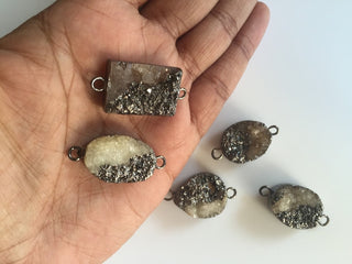 5pcs Grey Electroplated Druzy Connector, White Druzy Connector, Gemstone Connector, 25mm To 18mm