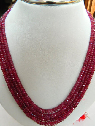 Ruby Necklace Multi Strand Ruby Beads Faceted Rondelles Glass Filled Ruby 3 Strands, 3mm To 5.5mm Beads, 17 Inch To 18 Inches Each