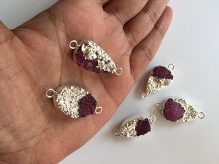 5pcs Silver Electroplated Pink Druzy Connector, Gemstone Connector, Jewelry Connectors 25mm To 18mm