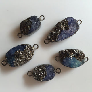 5pcs Black Electroplated Blue Druzy Connector, Gemstone Connector, Jewelry Connectors, 25mm To 18mm