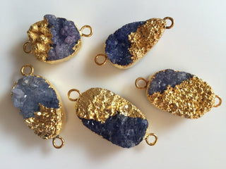 5pcs Gold Electroplated Blue Druzy Connector, Gemstone Connector, Jewelry Connector, 25mm To 18mm Each