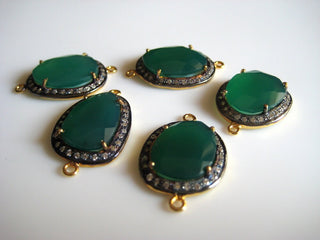 2 Pieces Green Onyx Rose Cut Bezel Connectors, Jewelry Connectors, White Topaz Pave, 25mm To 22mm Each Approx, SKU-C10
