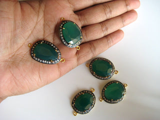 2 Pieces Green Onyx Rose Cut Bezel Connectors, Jewelry Connectors, White Topaz Pave, 25mm To 22mm Each Approx, SKU-C10