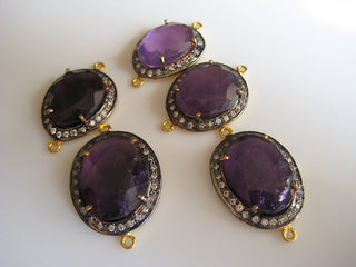 1 Pieces Amethyst Rose Cut Bezel Connectors, 925 Sterling Silver Jewelry Connectors, White Topaz Pave, SKU-C7