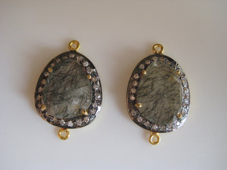 5 Pieces Wholesale Black Rutilated Quartz Rose Cut, Bezel Connectors, 925 Sterling Silver Jewelry Connectors, White Topaz Pave, SKU-C8