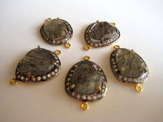 5 Pieces Wholesale Black Rutilated Quartz Rose Cut, Bezel Connectors, 925 Sterling Silver Jewelry Connectors, White Topaz Pave, SKU-C8