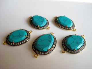 5 Pieces Wholesale Turquoise Rose Cut Connectors, Bezel Connectors, Jewelry Connectors, White Topaz Pave, 25mm To 28mm Each Approx, SKU-C32