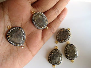 5 Pieces Wholesale Black Rutilated Quartz Rose Cut, Bezel Connectors, 925 Sterling Silver Jewelry Connectors, White Topaz Pave, SKU-C8