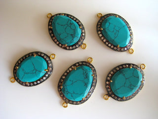 5 Pieces Wholesale Turquoise Rose Cut Connectors, Bezel Connectors, Jewelry Connectors, White Topaz Pave, 25mm To 28mm Each Approx, SKU-C32