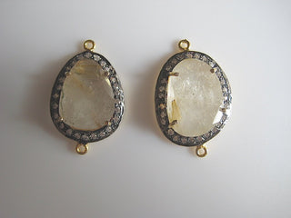 1 Piece Golden Rultilated Quartz Rose Cut Connectors, White Topaz Pave, Bezel Connector, Jewelry Connector, 22mm To 25mm Each Approx, SKU-C5