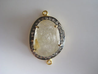 2 Pieces Golden Rultilated Quartz Rose Cut Connectors, White Topaz Pave, Bezel Connectors, Jewelry Connectors, 22-25mm Each Approx, SKU-C20