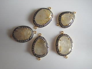 2 Pieces Golden Rultilated Quartz Rose Cut Connectors, White Topaz Pave, Bezel Connectors, Jewelry Connectors, 22-25mm Each Approx, SKU-C20