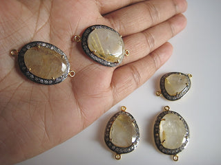 2 Pieces Golden Rultilated Quartz Rose Cut Connectors, White Topaz Pave, Bezel Connectors, Jewelry Connectors, 22-25mm Each Approx, SKU-C20