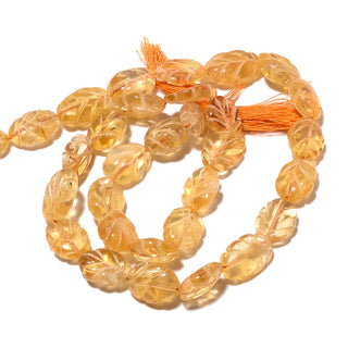 Hand Carved Citrine Beads Gemstone Carving Citrine leaves Oval beads, 10mm, 14 Inch Strand, SKU-A8
