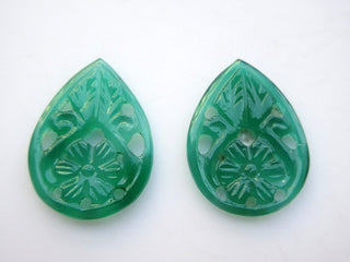 Green Onyx, Filigree Findings, Stone Carving, Hand Carved, Green Onyx Stone, Matched Pair 29x21mm Each