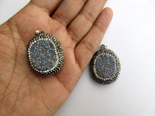 1 Pieces Natural Blue Druzy Connector, Crystal Rhinestone Pave, Gemstone Pendant Connector, Single Loop 30mm, SKU-TC3