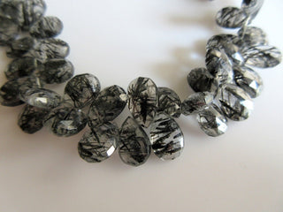 3 Strands Black Rutilated Quartz Pear Bead, Briolette Beads, Faceted Beads, 15mm To 9mm Each, 8 Inch Strand, SKU-RQ3