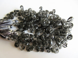 3 Strands Black Rutilated Quartz Pear Bead, Briolette Beads, Faceted Beads, 15mm To 9mm Each, 8 Inch Strand, SKU-RQ3