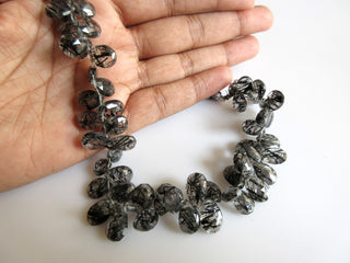 Black Rutilated Quartz Pear Beads, Briolette Beads, Faceted Beads, 15mm To 9mm Each, 4 Inch Half Strand, SKU-RQ3