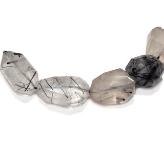 Black Rutilated Quartz, Step Cut Tumbles, Rutile Nugget Beads, Faceted Gemstone, 15mm To 20mm Each, 4.5 Inch Half Strand, SKU-0250