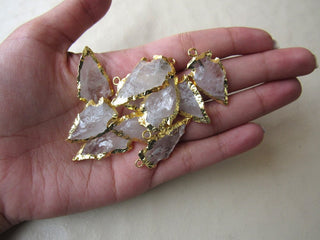 25 Raw Crystal Arrowheads, 25 Pieces, Electroplated with Gold Edge Pendant Connectors, Raw Gemstone Connectors, 28 - 30mm, SKU-AH1
