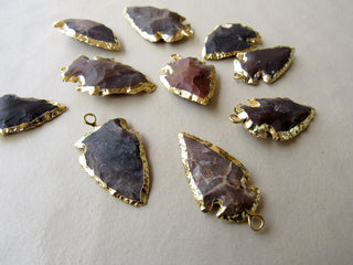 Electroplated Jasper Arrowheads, 5 Pieces, Gold Edge Pendant Connectors, Raw Gemstone Connectors, 28 - 31mm, SKU-AH5