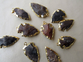 Electroplated Jasper Arrowheads, 5 Pieces, Gold Edge Pendant Connectors, Raw Gemstone Connectors, 28 - 31mm, SKU-AH5