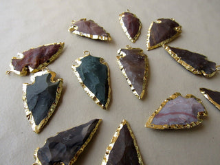 5 Electroplated Jasper Arrowheads, 5 Pieces, Gold Edge Pendant Connectors, Raw Gemstone Connectors, 37 - 42 mm, SKU-AH6