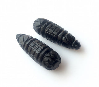 Rare Drop Hand Carved Black Onyx Carvings , Stone Carvings, Black Gemstone Carvings, Matched Pairs, 31x11mm - SKU C30