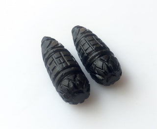 Rare Drop Hand Carved Black Onyx Carvings , Stone Carvings, Black Gemstone Carvings, Matched Pairs, 31x11mm - SKU C30