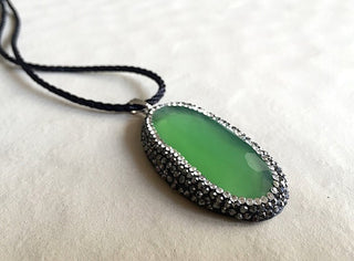 1 Piece Green Chalcedony Connector, Crystal Rhinestone Pave, Gemstone Pendant Connector, Single Loop 2 x 1 Inches, SKU-Tc29