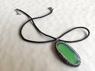 1 Piece Green Chalcedony Connector, Crystal Rhinestone Pave, Gemstone Pendant Connector, Single Loop 2 x 1 Inches, SKU-Tc29